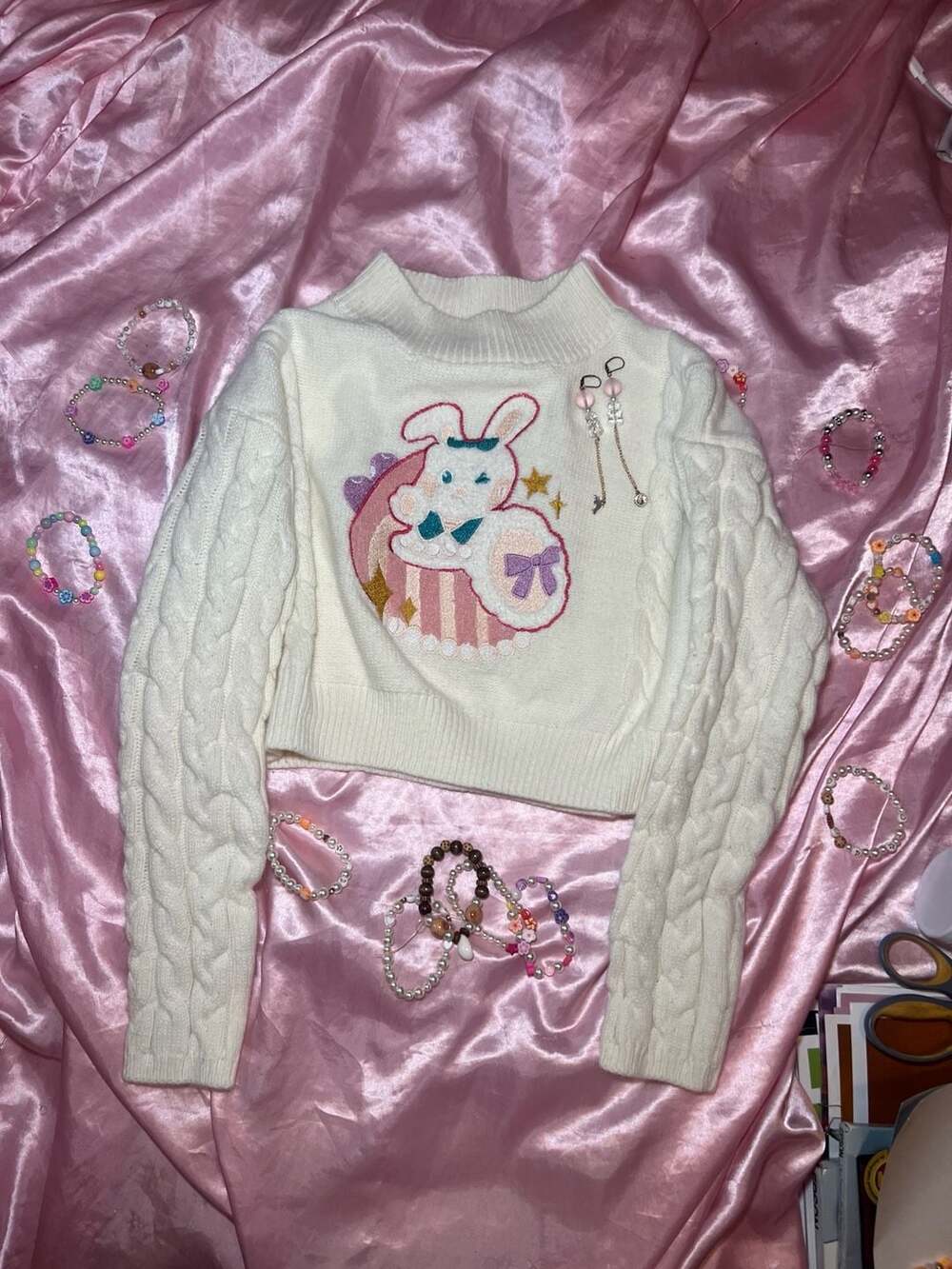 Kawaii Sweet Bunny Applique Cable Knit Cropped Mock Neck Sweater